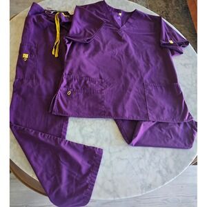 WonderWink Purple Scrub Set V-Neck Top XL Cargo Pants XLT Yellow Trim 6016
